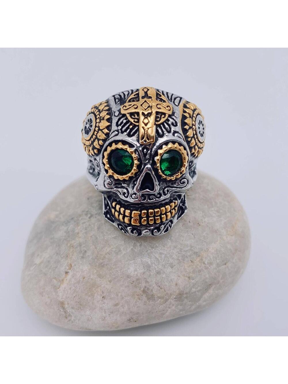 Titanium Skull Ring with Green Gemstone Eyes Size 7